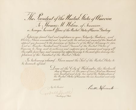 Lot #192 Franklin D. Roosevelt World War II–Dated Document Signed as President, Appointing the U.S. Minister and Consul General to Iraq - Image 2