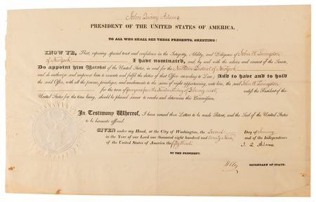 Lot #15 John Quincy Adams and Henry Clay Document Signed as President and Secretary of State, Appointing a Marshal of the United States - Image 1