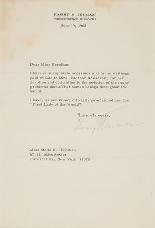 Lot #209 Harry S. Truman Typed Letter Signed, Praising Eleanor Roosevelt: 