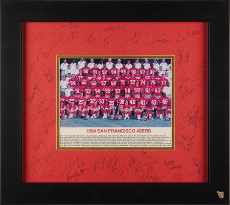 Lot #802 San Francisco 49ers NFL Championship Team (1994) - Framed Display of (30+) Signatures - Image 1