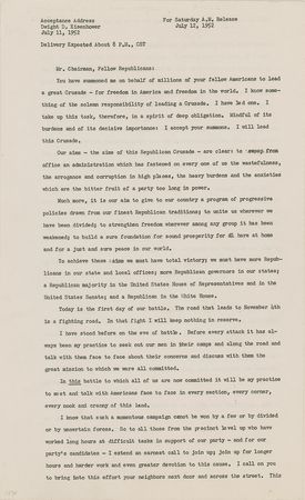 Lot #101 Dwight D. Eisenhower Signed Souvenir Typescript - 'Acceptance Address' for the Presidential Nomination - Image 1