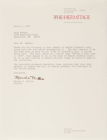 Lot #120 Andrew Jackson Lock of Hair with Handwritten Statement from Andrew Jackson, Jr. - 