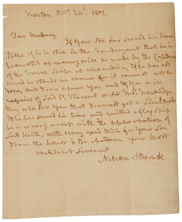 Lot #454 Horatio Nelson Autograph Letter Signed, on the Promotion of Future Rear Admiral Francis Collier: 