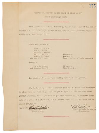 Lot #310 Thomas Edison Document Signed - Edison Phonograph Works Meeting Minutes, Approving the Purchase of 18th-Century English Mahogany Cabinets - Image 1