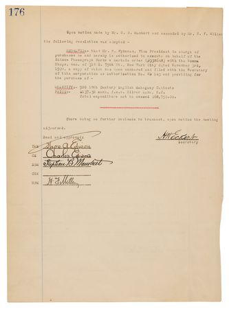 Lot #310 Thomas Edison Document Signed - Edison Phonograph Works Meeting Minutes, Approving the Purchase of 18th-Century English Mahogany Cabinets - Image 2