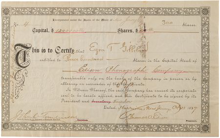 Lot #308 Thomas Edison Document Signed - Early Stock Certificate for the Edison Phonograph Company - Image 1