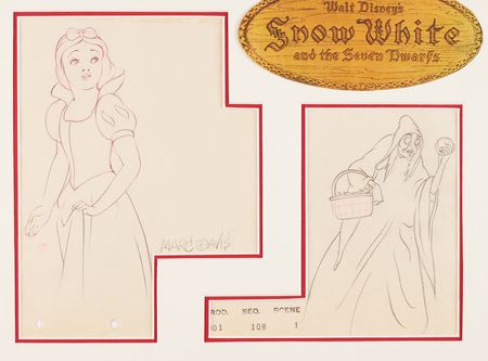 Lot #561 Snow White and Wicked Witch production drawings from Snow White and the Seven Dwarfs, one signed by Marc Davis - Image 2