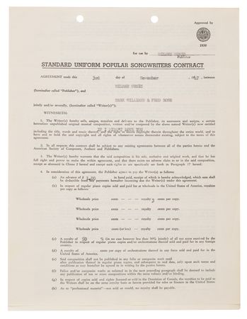 Lot #606 Hank Williams and Fred Rose Copyright Document Signed for 
