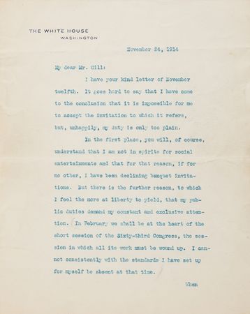 Lot #231 Woodrow Wilson Typed Letter Signed as President: 