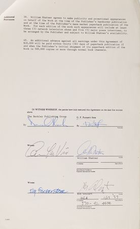 Lot #777 William Shatner Document Signed for. His Novel Tek Vengence - Image 2