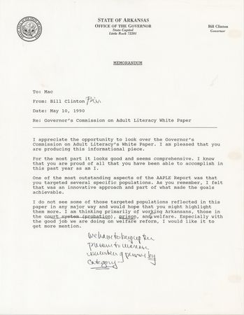 Lot #97 Bill Clinton Signed Memorandum as Governor