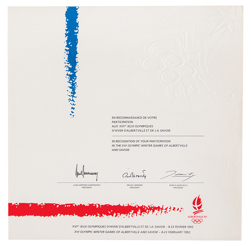 Lot 3174 Albertville 1992 Winter Olympics Participation Diploma