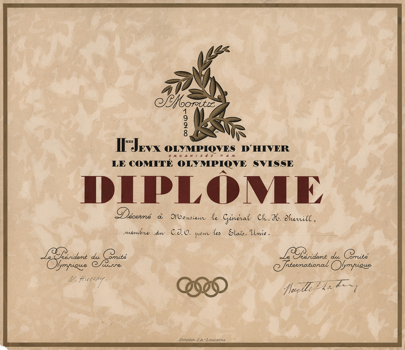 Lot 3160 St. Moritz 1928 Winter Olympics Participation Diploma for IOC Member Charles H. Sherrill