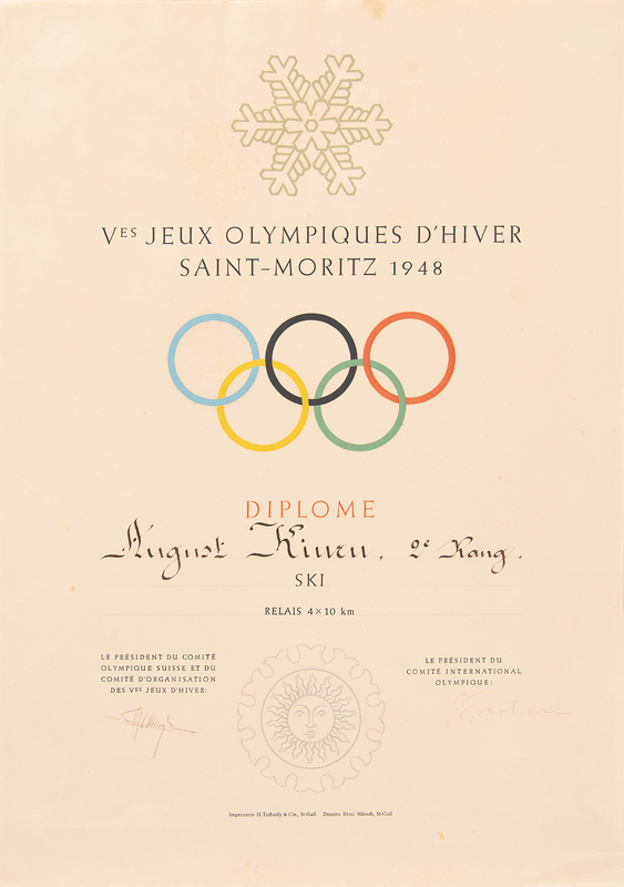 Lot 3165 St. Moritz 1948 Winter Olympics Silver Medal Winner's Diploma for Cross-Country Skiing