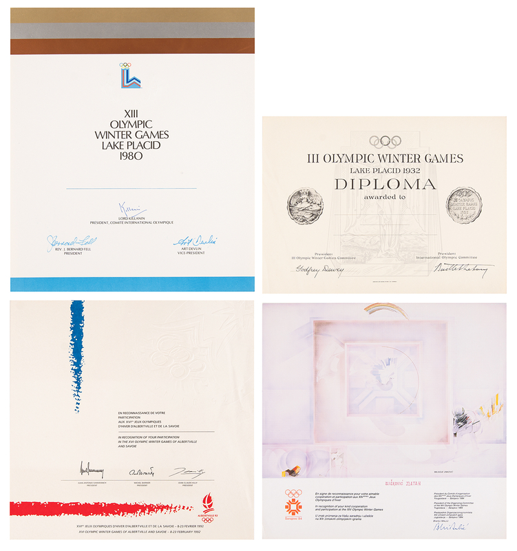 Lot 3162 Winter Olympics Participation Diplomas (4) for Lake Placid 1932, Lake Placid 1980, Sarajevo 1984, and Albertville 1992
