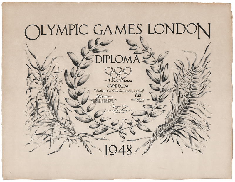 Lot 3166 London 1948 Summer Olympics Silver Medal Winner's Diploma for Wrestling