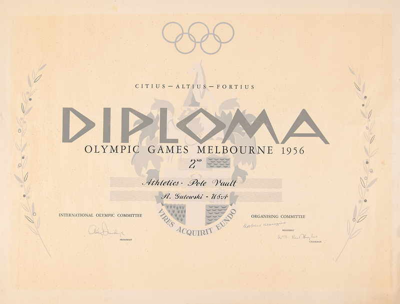 Lot 3168 Melbourne 1956 Summer Olympics Silver Medal Winner's Diploma for Pole Vault