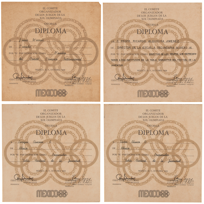 Lot 3171 Mexico City 1968 Summer Olympics (4) Participation Diplomas