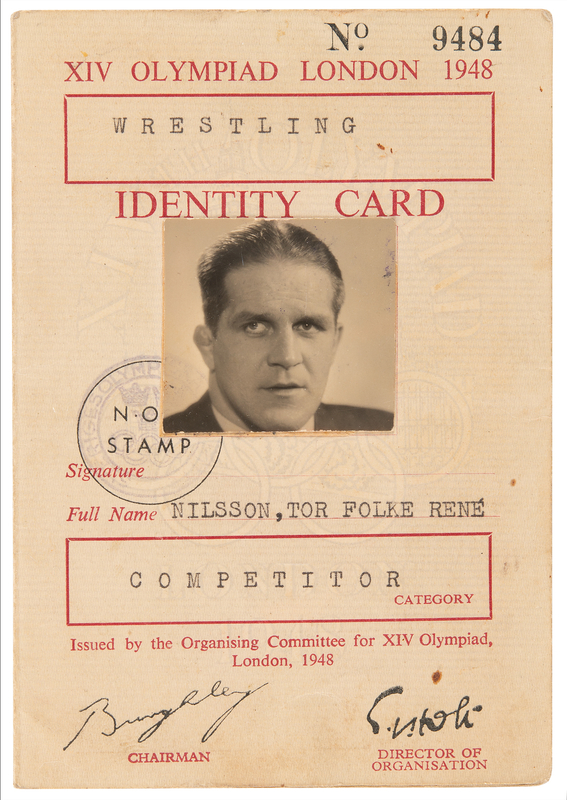 Lot 3315 London 1948 Summer Olympics Competitor Identity Card for Swedish Wrestler Tor Nilsson