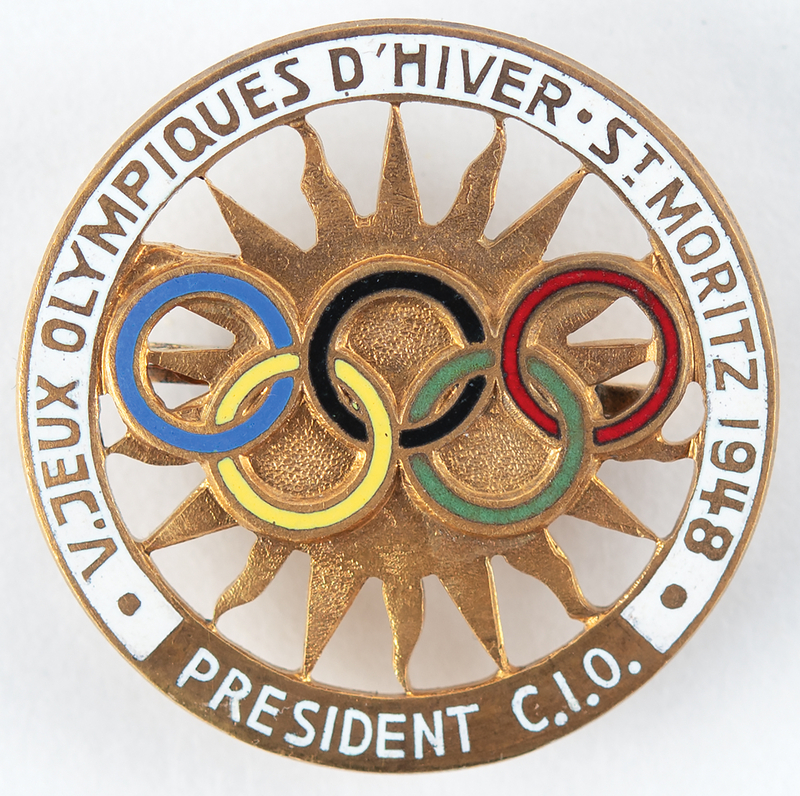 Lot 3203 St. Moritz 1948 Winter Olympics International Olympic Committee President Badge - Presented to 4th IOC President J. Sigfrid Edström