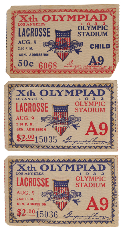 Lot 3292 Los Angeles 1932 Summer Olympics (3) Lacrosse Tickets