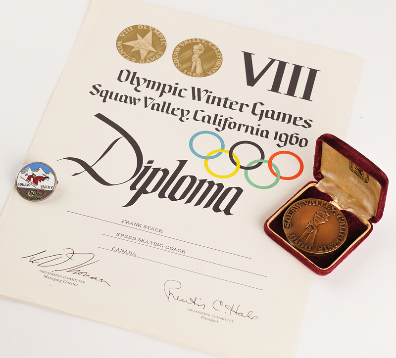 Lot 3143 Squaw Valley 1960 Winter Olympics Bronze Participation Medal, Diploma, and Pin - From the Collection of Canadian Speed Skater Frank Stack