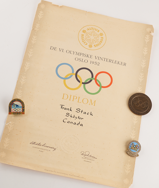 Lot 3136 Oslo 1952 Winter Olympics Copper Participation Medal, Participant Badge, and Diploma - From the Collection of Canadian Speed Skater Frank Stack