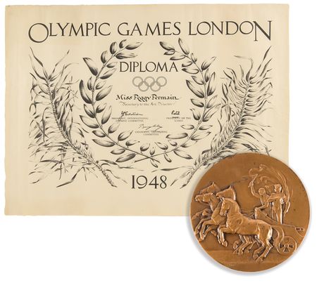 Lot #3132 London 1948 Summer Olympics Bronze Participation Medal and Diploma - Image 1