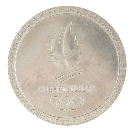 Lot #3153 Albertville 1992 Winter Olympics Chrome-Plated Steel Participation Medal - Image 1