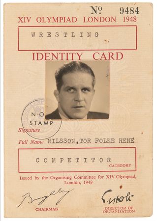 Lot #3315 London 1948 Summer Olympics Competitor Identity Card for Swedish Wrestler Tor Nilsson - Image 1