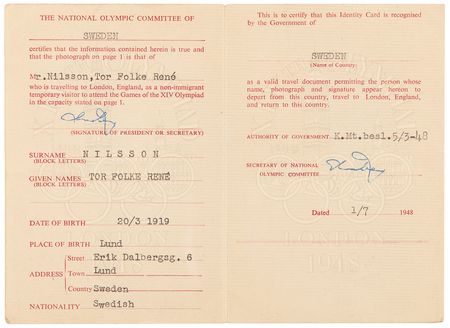 Lot #3315 London 1948 Summer Olympics Competitor Identity Card for Swedish Wrestler Tor Nilsson - Image 2
