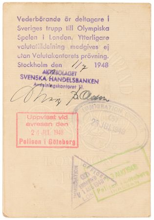 Lot #3315 London 1948 Summer Olympics Competitor Identity Card for Swedish Wrestler Tor Nilsson - Image 3