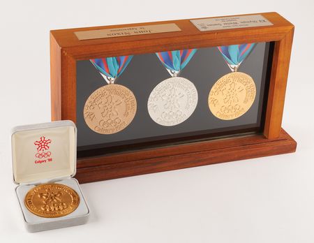 Lot #3092 Calgary 1988 Winter Olympics Gold, Silver, and Bronze Winners' Medals Display - Image 2