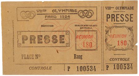 Lot #3289 Paris 1924 Summer Olympics Press Ticket - Image 1