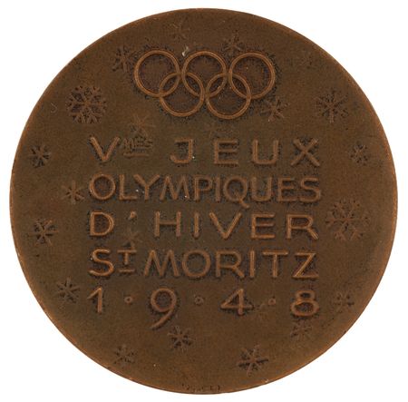 Lot #3131 St. Moritz 1948 Winter Olympics Bronze Participation Medal, Competitor's Badge, and (2) Diplomas - From the Collection of Canadian Speed Skater Frank Stack - Image 2