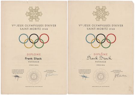 Lot #3131 St. Moritz 1948 Winter Olympics Bronze Participation Medal, Competitor's Badge, and (2) Diplomas - From the Collection of Canadian Speed Skater Frank Stack - Image 5