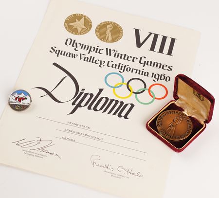 Lot #3143 Squaw Valley 1960 Winter Olympics Bronze Participation Medal, Diploma, and Pin - From the Collection of Canadian Speed Skater Frank Stack - Image 1