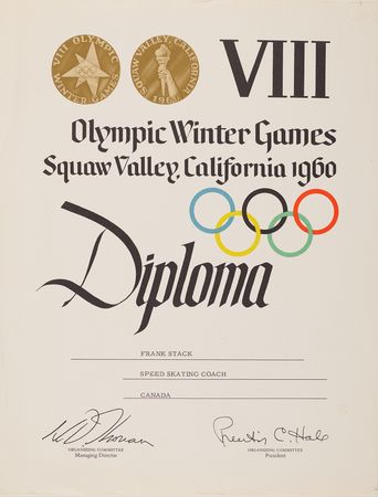 Lot #3143 Squaw Valley 1960 Winter Olympics Bronze Participation Medal, Diploma, and Pin - From the Collection of Canadian Speed Skater Frank Stack - Image 5