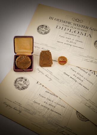 Lot #3068 Lake Placid 1932 Winter Olympics Bronze Winner's Medal for Speed Skating - From the Collection of Frank Stack, with Participation Medal, Contestant Badge, and Diplomas - Image 1