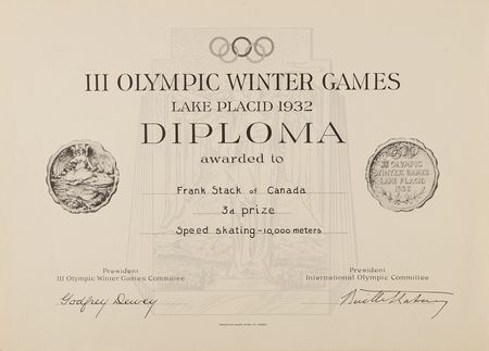 Lot #3068 Lake Placid 1932 Winter Olympics Bronze Winner's Medal for Speed Skating - From the Collection of Frank Stack, with Participation Medal, Contestant Badge, and Diplomas - Image 10