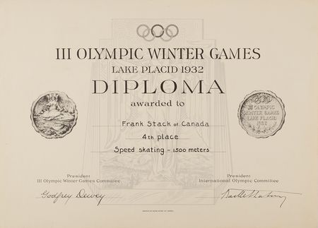 Lot #3068 Lake Placid 1932 Winter Olympics Bronze Winner's Medal for Speed Skating - From the Collection of Frank Stack, with Participation Medal, Contestant Badge, and Diplomas - Image 11