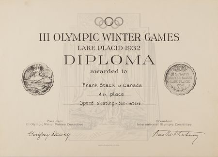 Lot #3068 Lake Placid 1932 Winter Olympics Bronze Winner's Medal for Speed Skating - From the Collection of Frank Stack, with Participation Medal, Contestant Badge, and Diplomas - Image 9