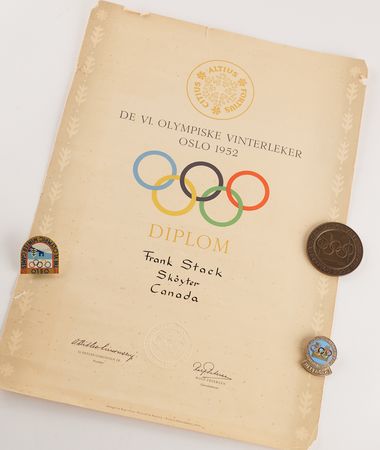 Lot #3136 Oslo 1952 Winter Olympics Copper Participation Medal, Participant Badge, and Diploma - From the Collection of Canadian Speed Skater Frank Stack - Image 1