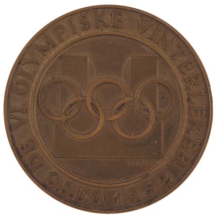 Lot #3136 Oslo 1952 Winter Olympics Copper Participation Medal, Participant Badge, and Diploma - From the Collection of Canadian Speed Skater Frank Stack - Image 2