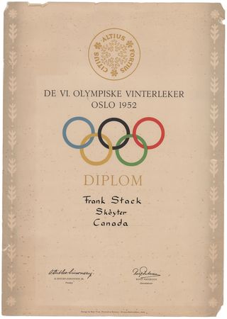 Lot #3136 Oslo 1952 Winter Olympics Copper Participation Medal, Participant Badge, and Diploma - From the Collection of Canadian Speed Skater Frank Stack - Image 5