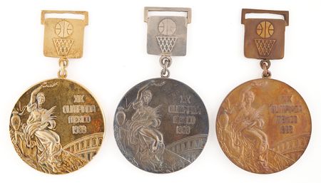 Lot #3083 Mexico City 1968 Summer Olympics Set of Gold, Silver, and Bronze Winner's Medals with Pins in Presentation Box - Image 1