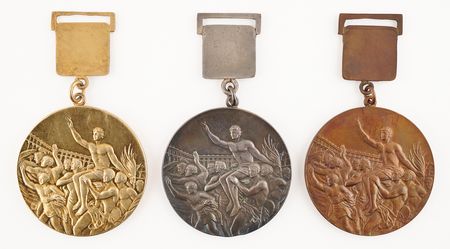 Lot #3083 Mexico City 1968 Summer Olympics Set of Gold, Silver, and Bronze Winner's Medals with Pins in Presentation Box - Image 2