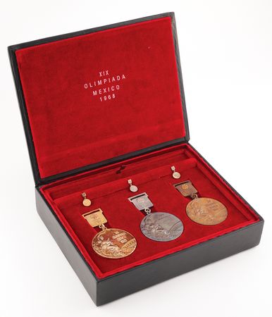 Lot #3083 Mexico City 1968 Summer Olympics Set of Gold, Silver, and Bronze Winner's Medals with Pins in Presentation Box - Image 3