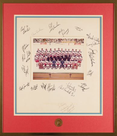 Lot #3294 Miracle on Ice Multi-Signed (19) Photograph with Russian Uniform Fragments Attested as Olympic-Worn by Goalie Vladislav Tretiak at the Lake Placid 1980 Winter Olympics - Image 2
