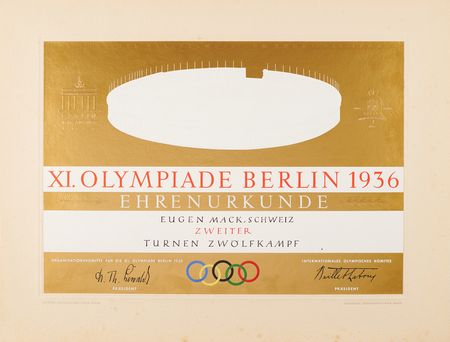Lot #3164 Berlin 1936 Summer Olympics Silver Winner's Medal Diploma Presented to a Legendary Swiss Gymnast - Image 1